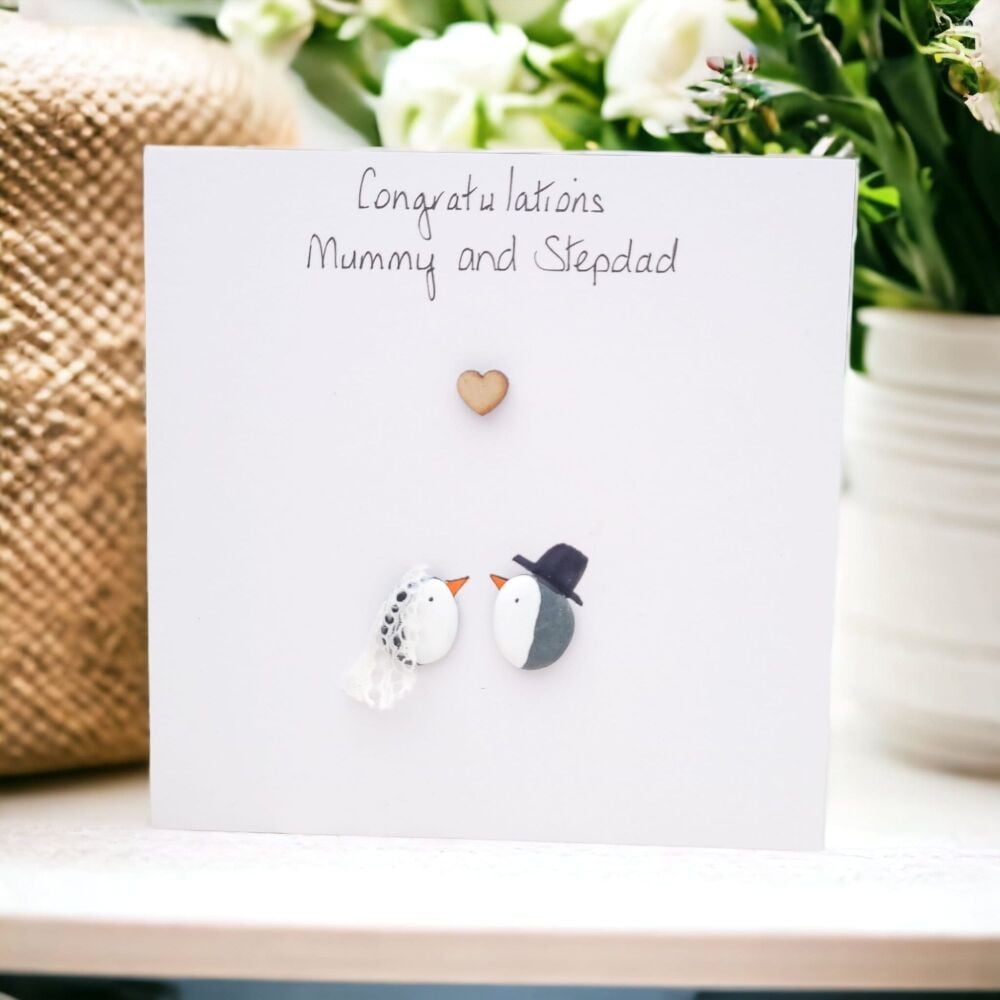 Wedding Penguin Card Bride Groom Personalised - Pebble Art Card