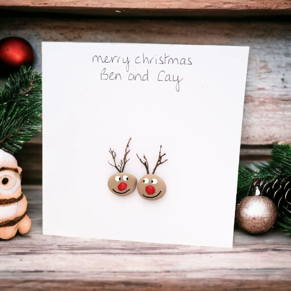 Cute Christmas Pebble Art Card Rudolph Reindeers Personalised
