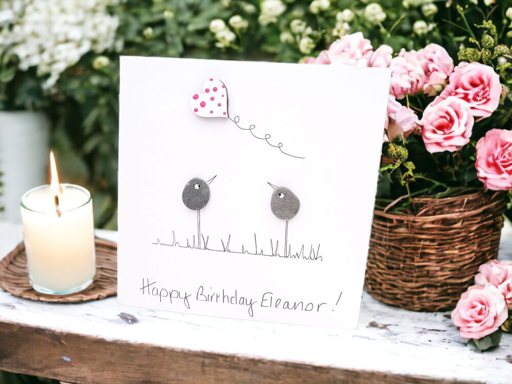 Happy Birthday Card - Pebble Art Bird Picture Personalised
