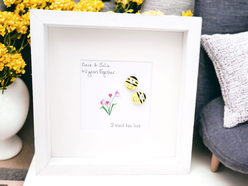 It Must Bee Love Engagement, Anniversary Pebble Art Picture , Personalised & Framed
