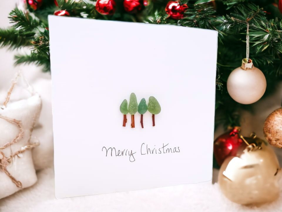 Christmas Tree Card Pebble Art Handmade Card sea glass design