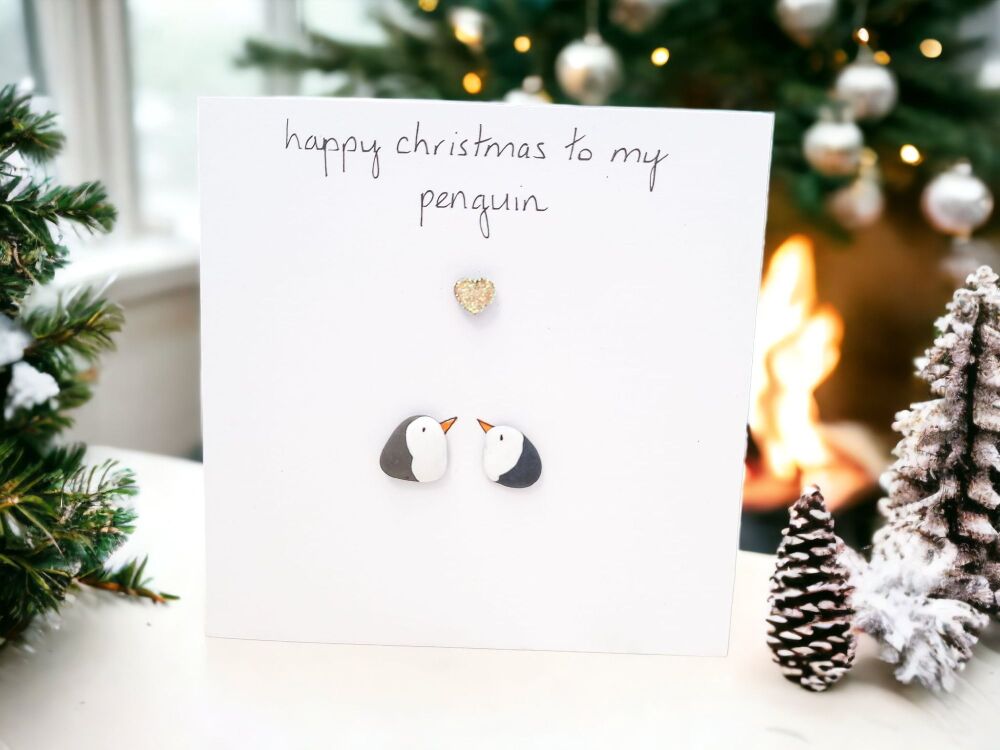 Penguin Love Christmas Card Loved Ones Pebble Art Picture Personalised Xmas