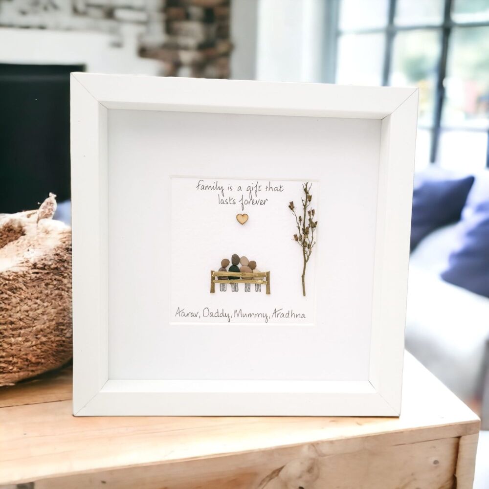 Family Pebble Bench Picture Framed, Pebble Art, Housewarming Gift, Fully Personalised