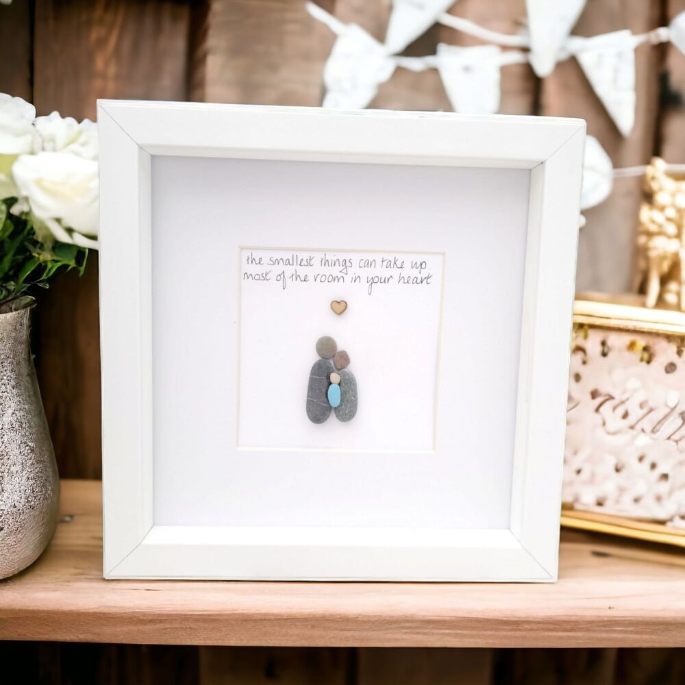 New Baby Family Pebble Art Picture - First Mothers Day Gift - New Parents Gift Personalised And Framed