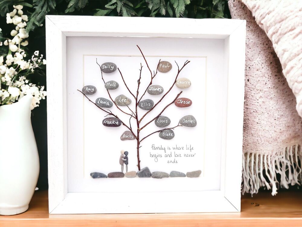 Family Tree Named Pebble Art Picture Framed Personalised Bespoke Handmade