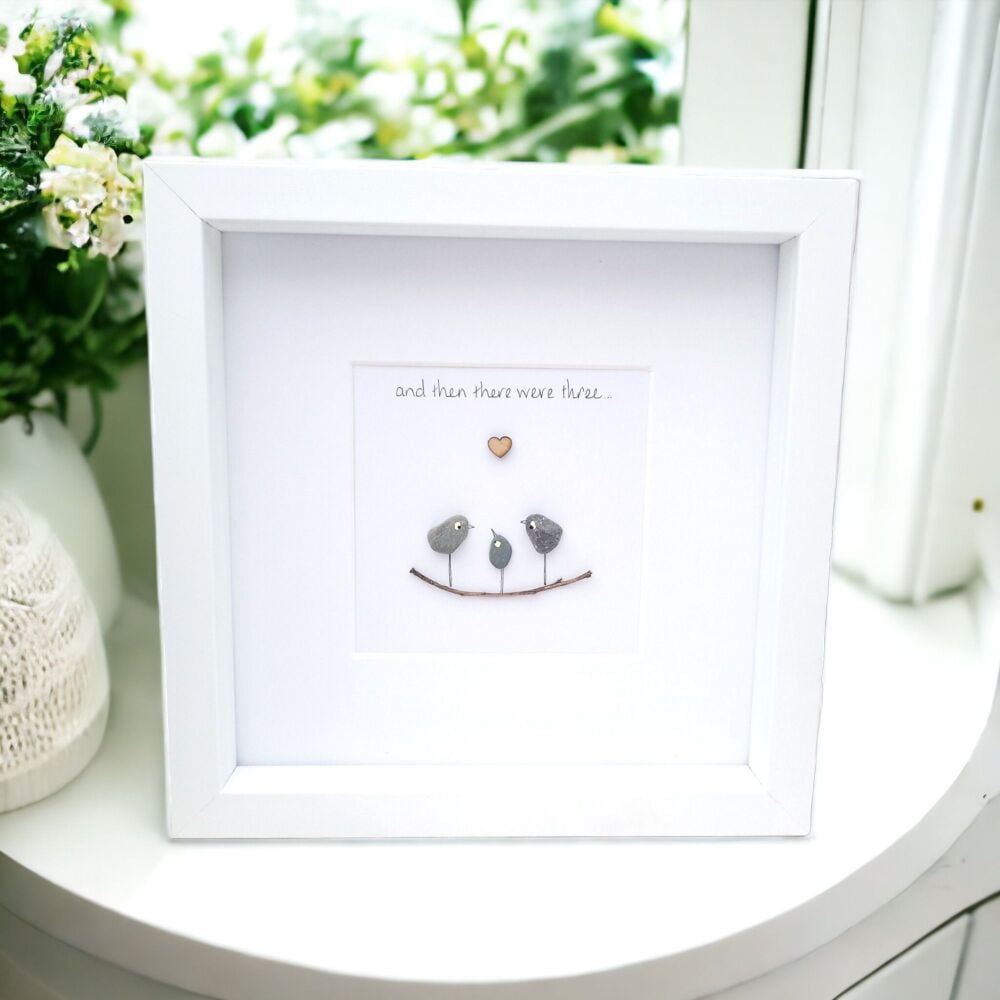 New Baby, Famiyl Pebble Art Picture - Birds - Baby Shower Framed Gift Perso