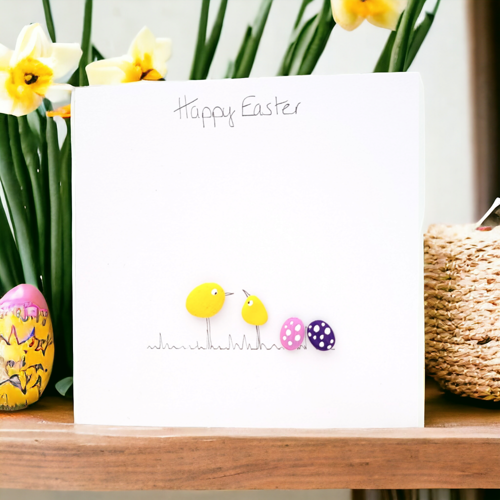 Easter Card Pebble Art Handmade Chicks, Easter Eggs Fully Personalised