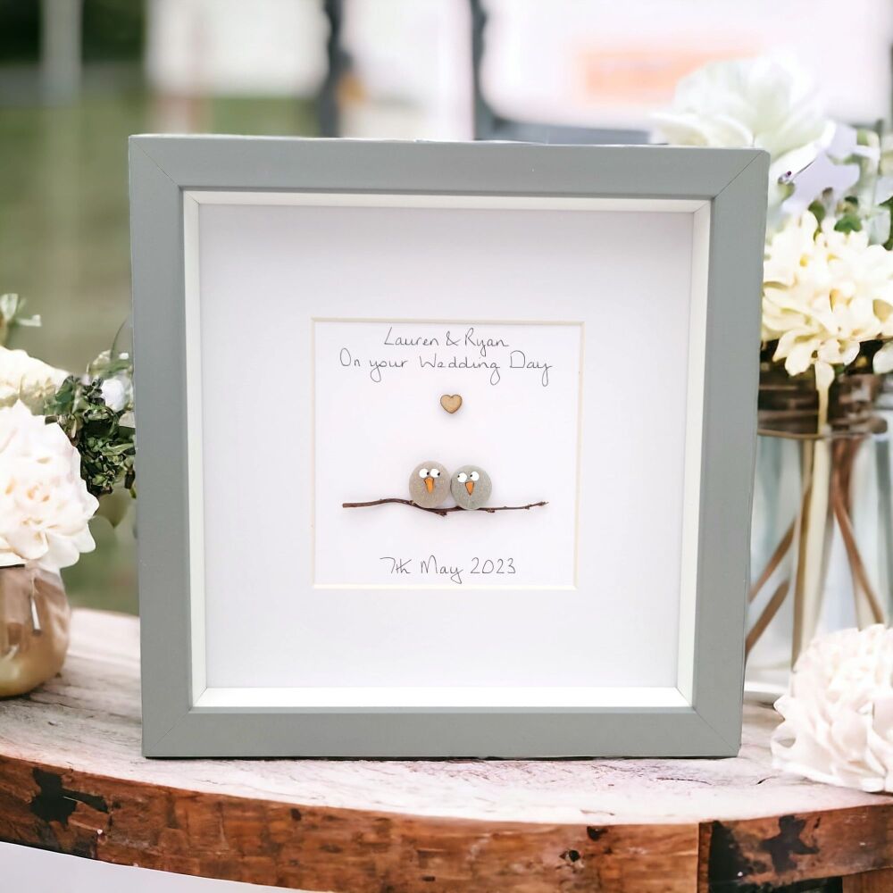 Owls Wedding Day Gift For Couple, Bride and Groom Pebble Art Picture Framed Gift Idea Personalised