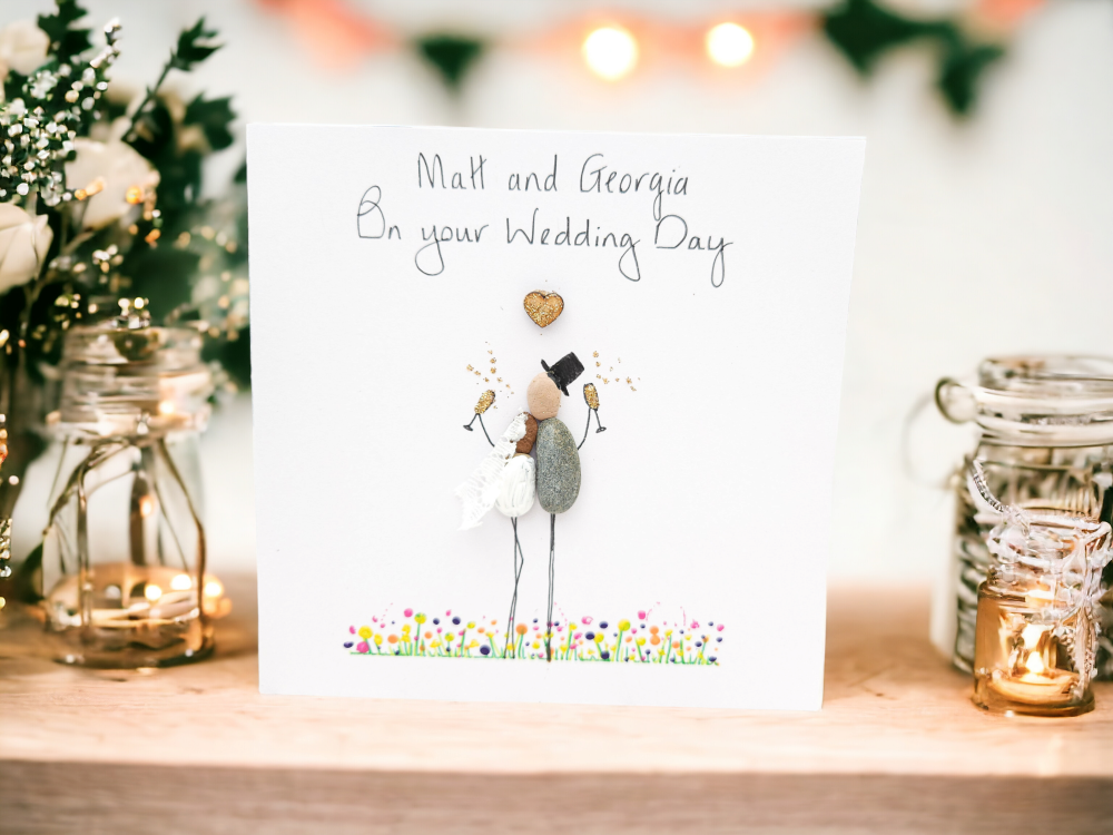Wedding Card Pebble Art Bride and Groom Handmade