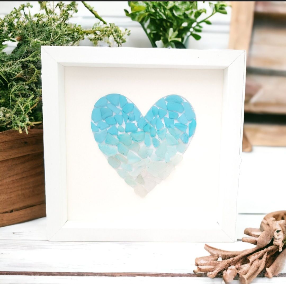 Seaglass Heart Ombre in Blue White Framed Coastal Beach Bathroom Decor Birt