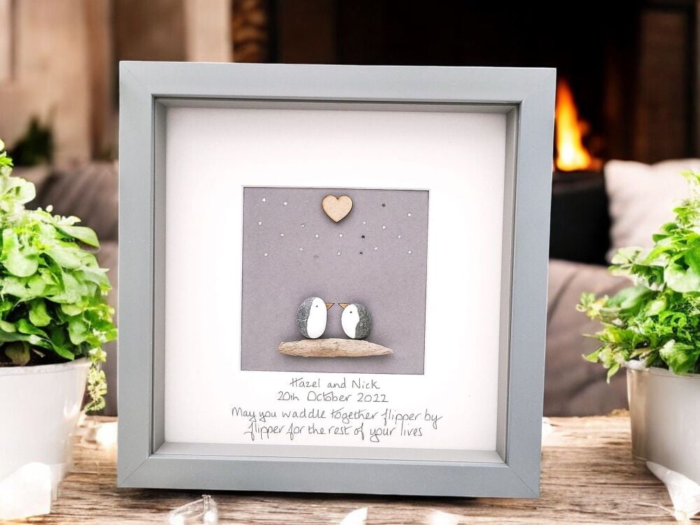 Penguin Pebble Art Couple - Valentines Gift For Her Him - Personalised