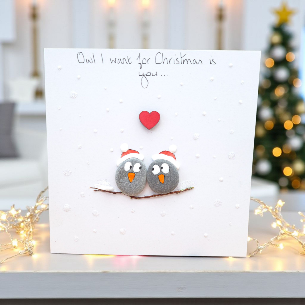 Pebble Art Owls Christmas Card - One I Love Xmas - Personalised - Loved One