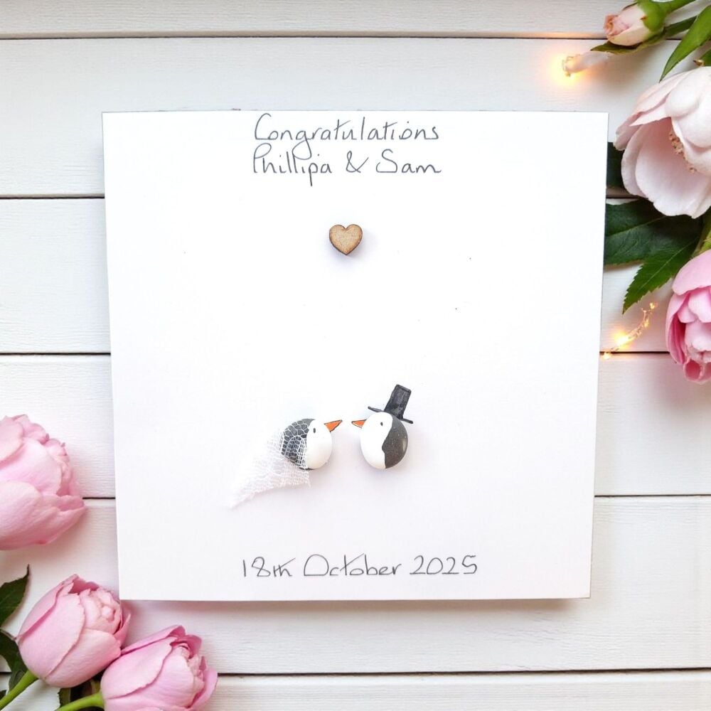 Wedding Penguin Card Bride Groom Personalised - Pebble Art Card