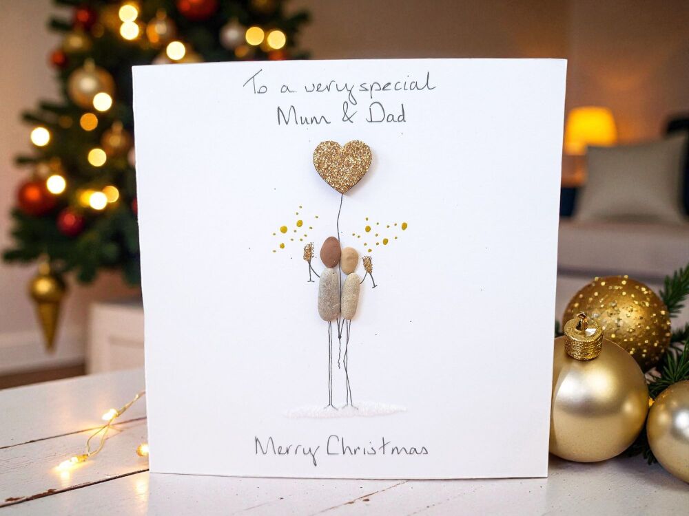 Mum And Dad Family Christmas Card - Pebble Art Handmade Xmas - Personalised