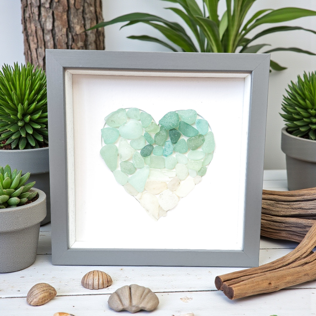 Seaglass Heart Ombre in Blue White Framed Coastal Beach Bathroom Decor Birt