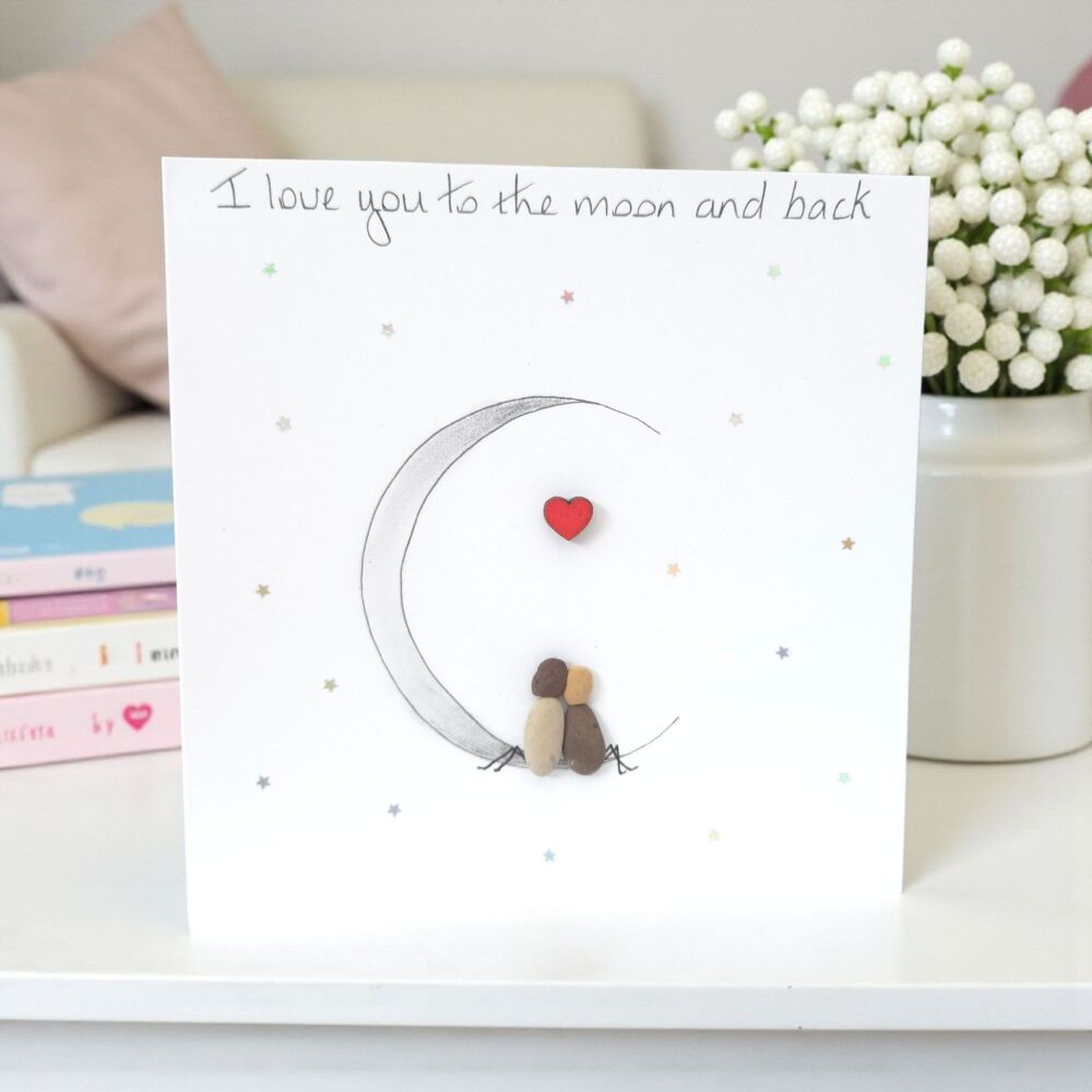 Wedding Anniversary Card Personalised Pebble Art, I Love You To The Moon an