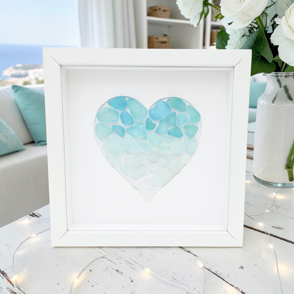 Seaglass Heart Ombre in Green Blue White Framed Coastal Beach Bathroom Deco
