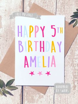 Personalised Name and Age Happy Birthday Greeting Card pink