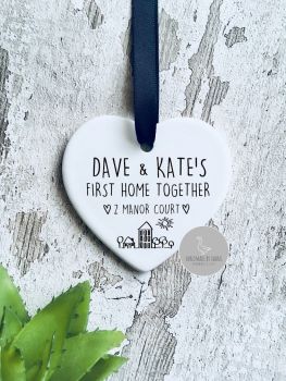 Personalised new home ceramic hanging heart
