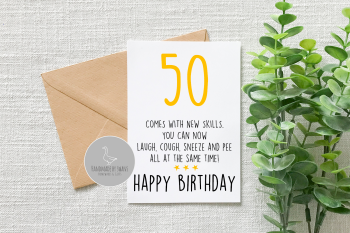 50 comes with new skills funny birthday card
