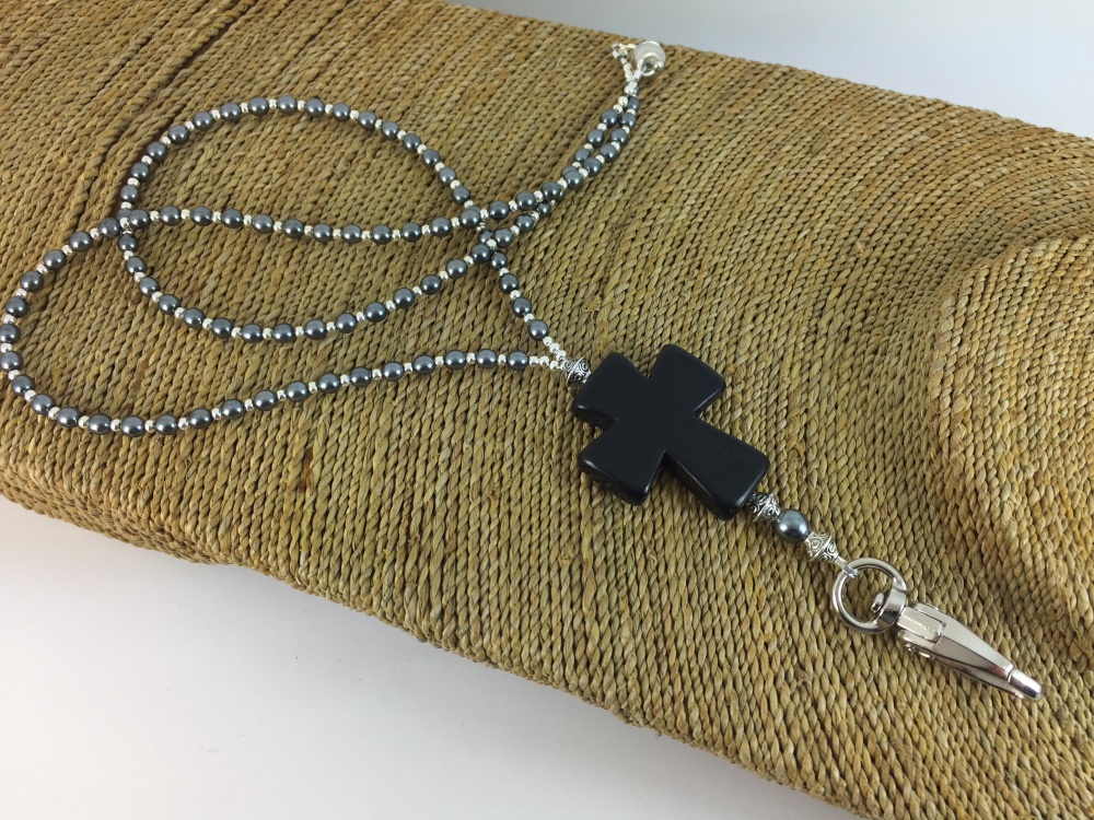Gunmetal Howlite Stone Cross Lanyard
