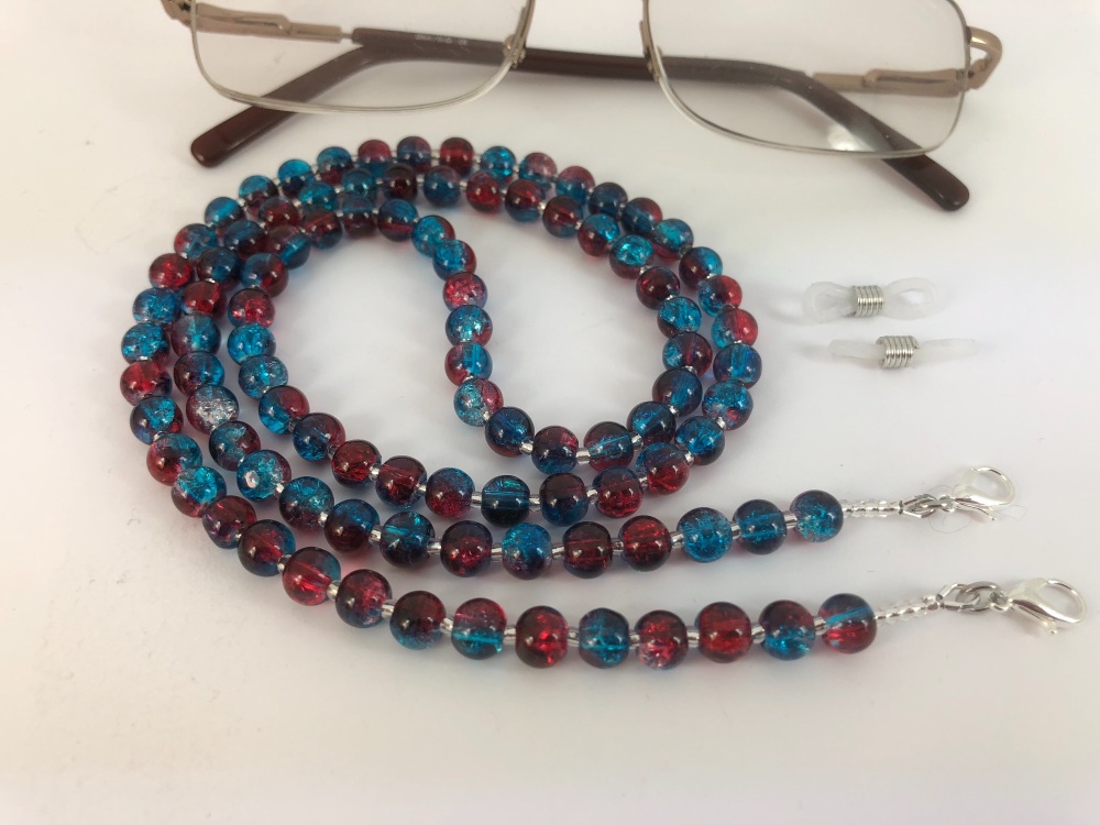 Blue & Red Crackle Bead Glasses Chain