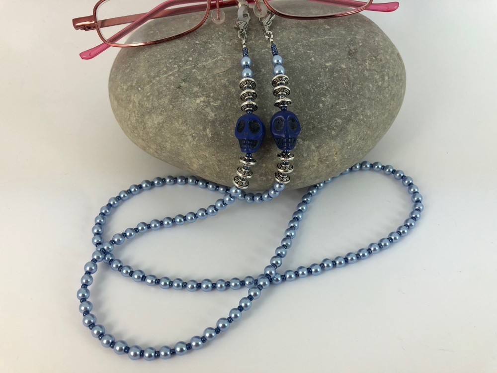 Blue Glass Pearl Skull Glasses Chain