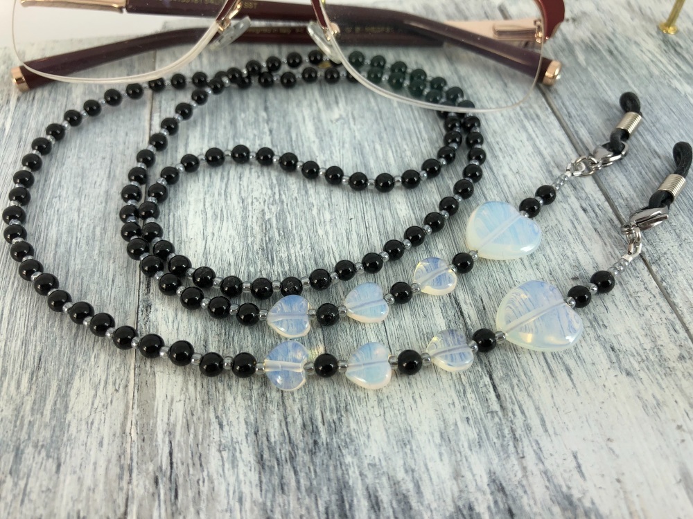 Black Onyx & Opalite Heart Glasses Chain