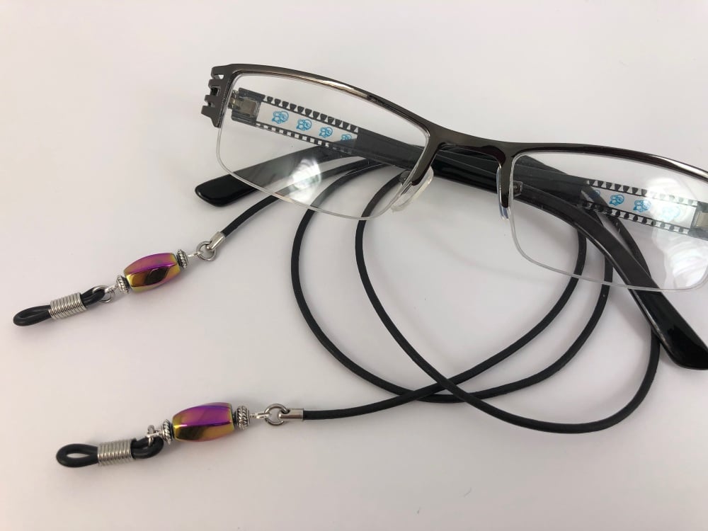 Black Leather & Rainbow Hematite Glasses Chain