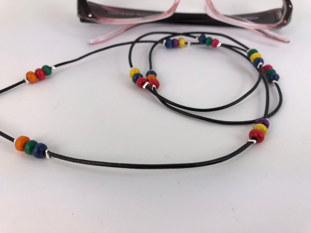 Black Leather Multicoloured Wooden Beaded Glasses Chain
