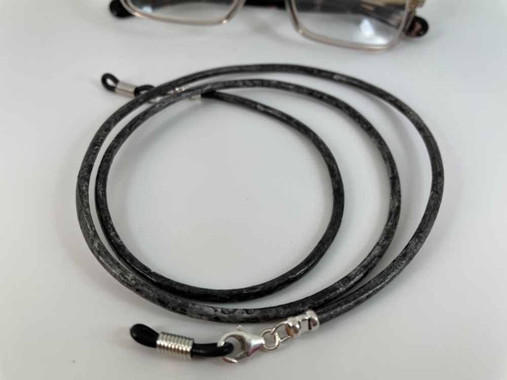 Black Distressed Leather & Sterling Silver Glasses Chain