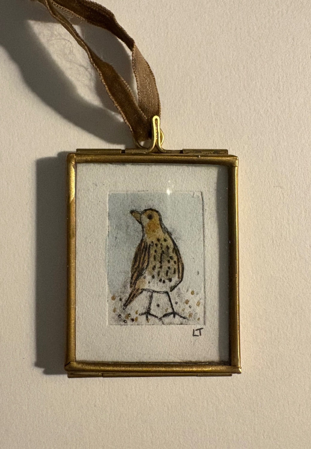 Mini song thrush , etching with watercolour