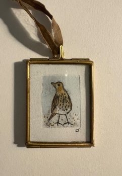 Mini song thrush , etching with watercolour