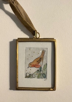 Mini Robin and mistletoe etching and watercolour