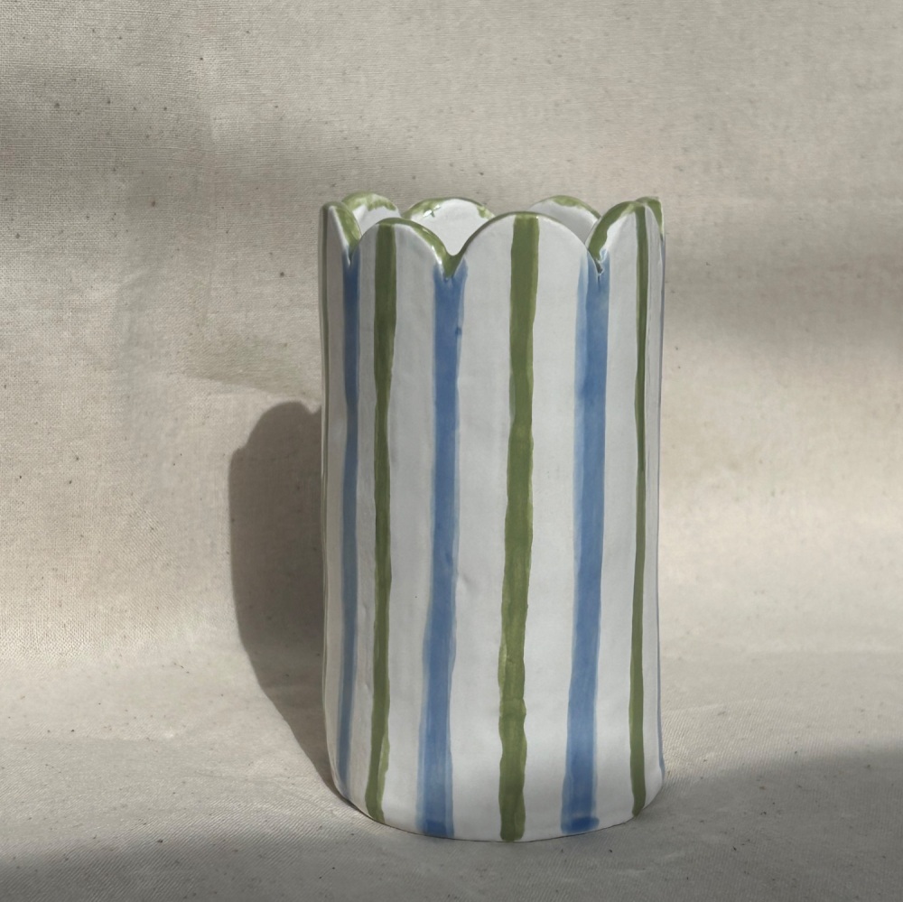Sage & baby blue striped vase
