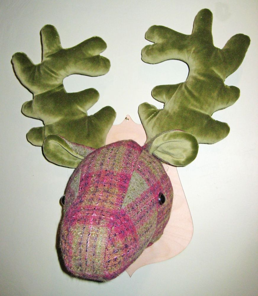 Large Stags Head -  Pink and Green Tweed