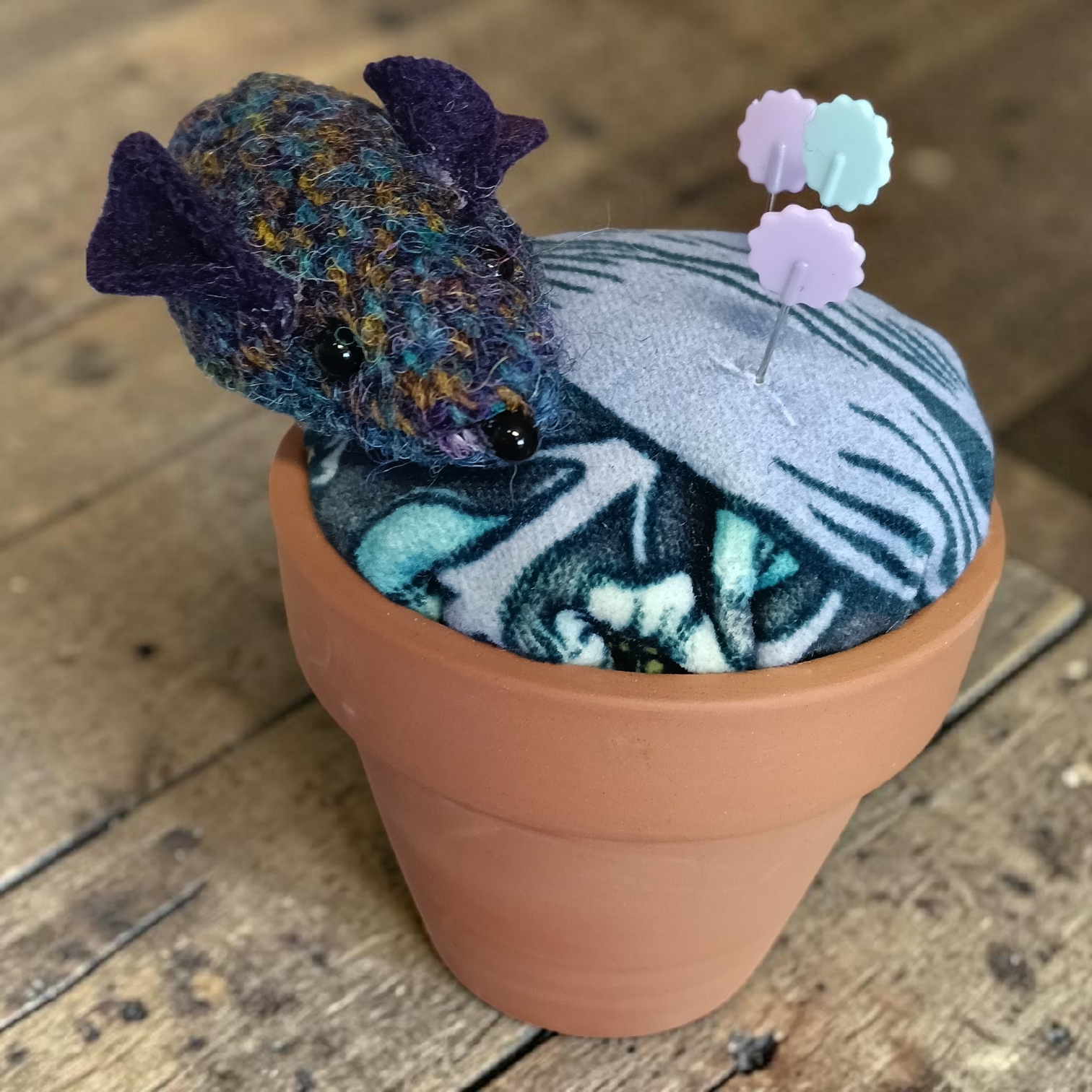 plantpot pincushion mouse blue cloth dolly crafts