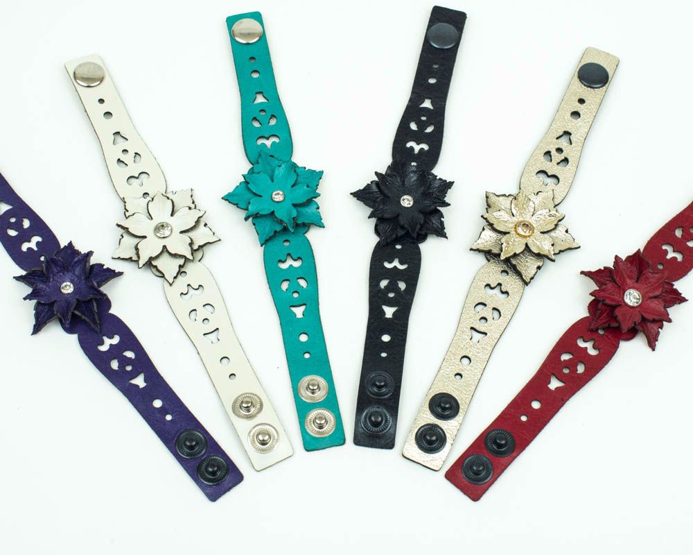 Leather Flower Bracelet in Red, Turquoise or Purple