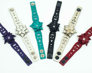 Leather Flower Bracelet in Red, Turquoise, Purple, Gold, White/Beige, Black, White and Dark Red
