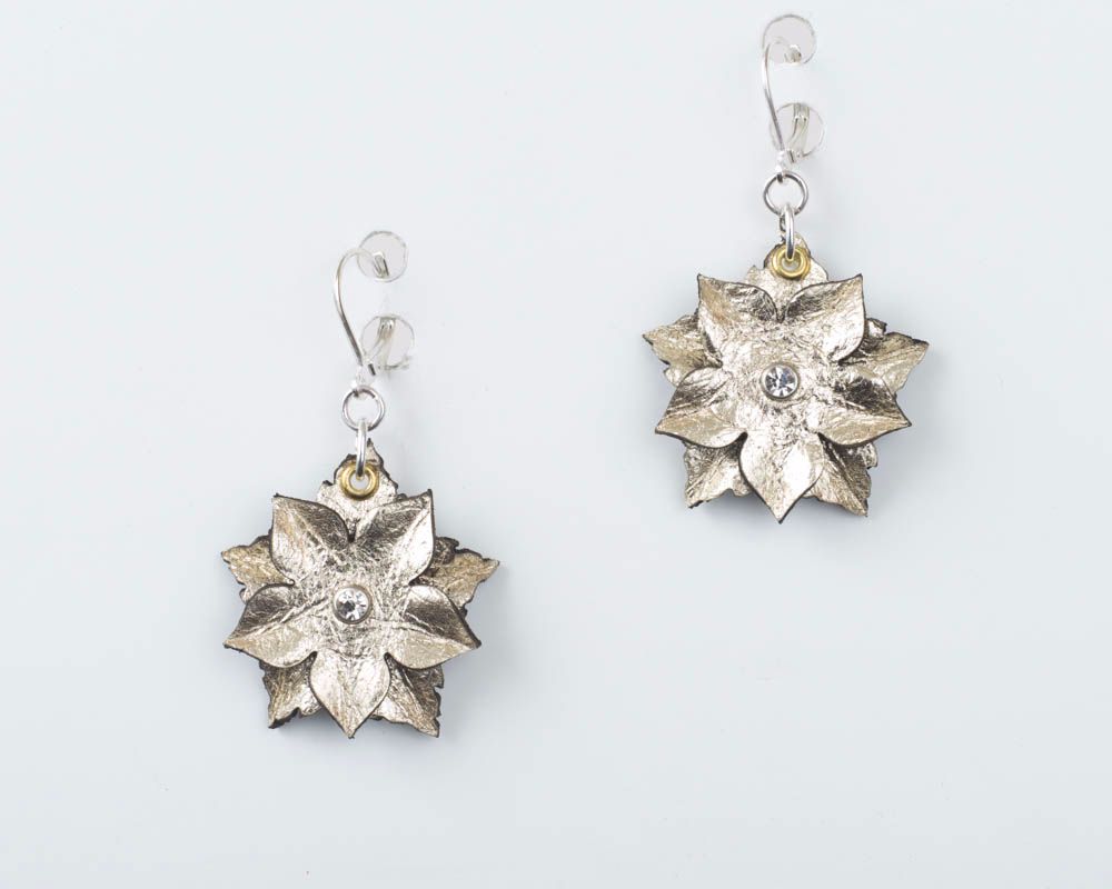 Leather Flower Earrings in Gold or Silver