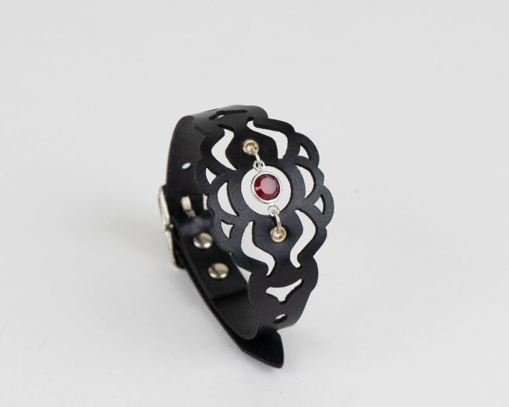 Black Leather Bracelet With Swarovski Birthstone Crystal