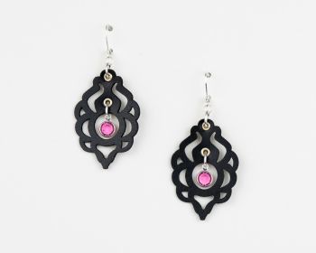 Black Laser Cut Leather Earrings With Glass Birthstone Crystal   