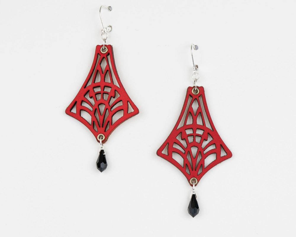 Leather Earrings With Crystal in Red or Turquoise 