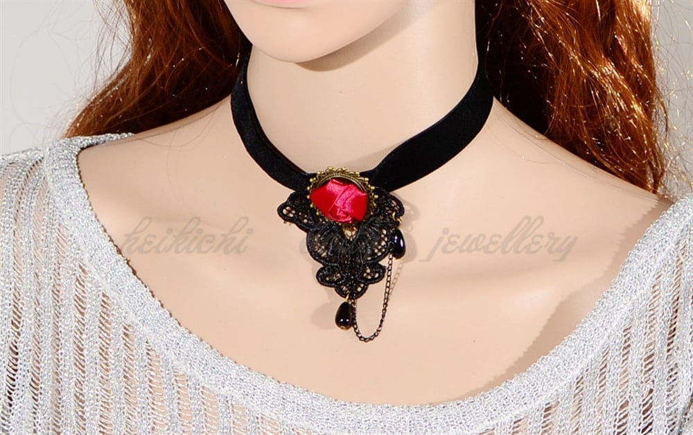Romantic Black velvet Gothic chocker with Red rose flower design