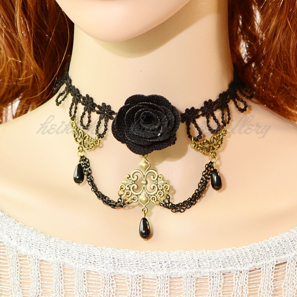 Romantic big black rose charm lace Gothic necklace