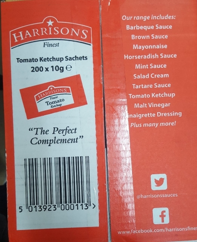Harrisons Finest Tomato Ketchup Sauce Sachets Individual 10gX200 ** NEW CHE