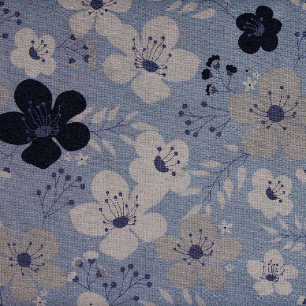 REMNANT - 85cm x 110cm - Riley Blake Something Borrowed Main Floral print on mid blue  (£14 metre)