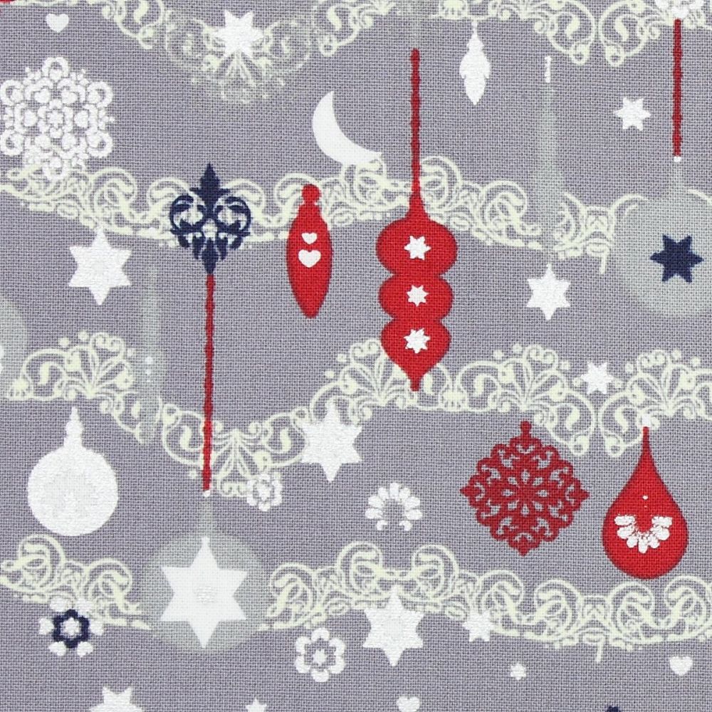 Christmas Fabric, Christmas baubles on silver (£10pm)