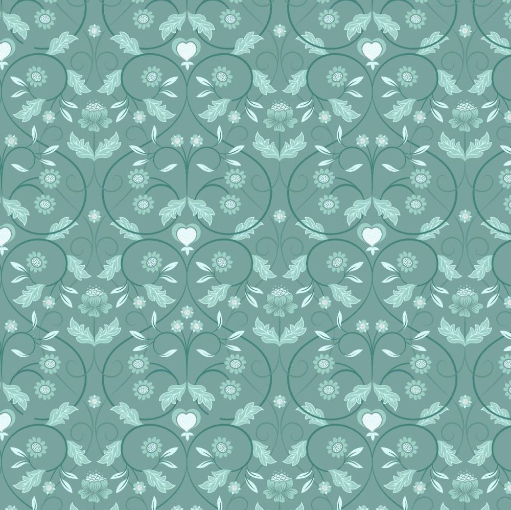 Lewis and Irene Teal Mono Floral Metallic Fat Quarter