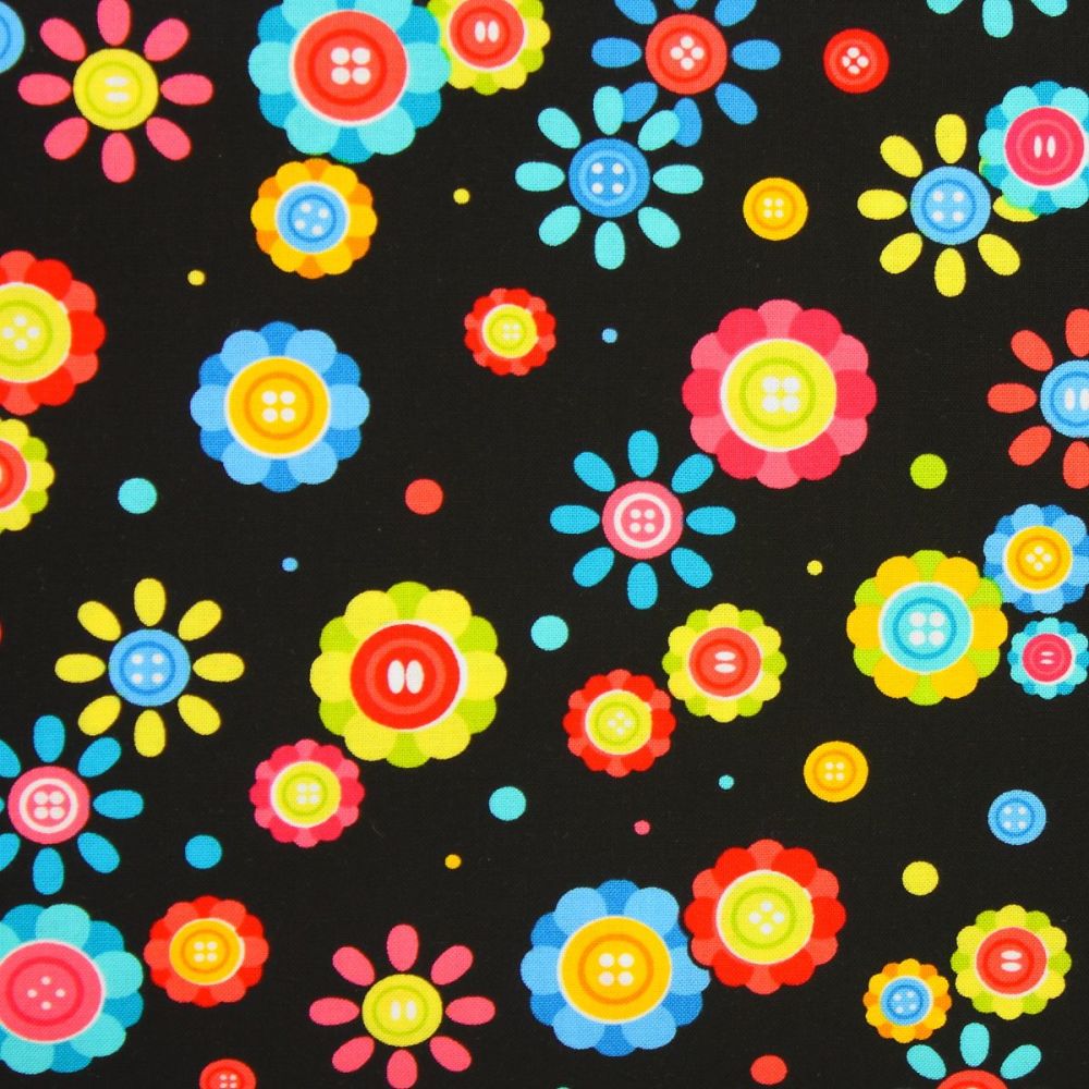 Benartex, Sew Excited, Button Flowers on Black